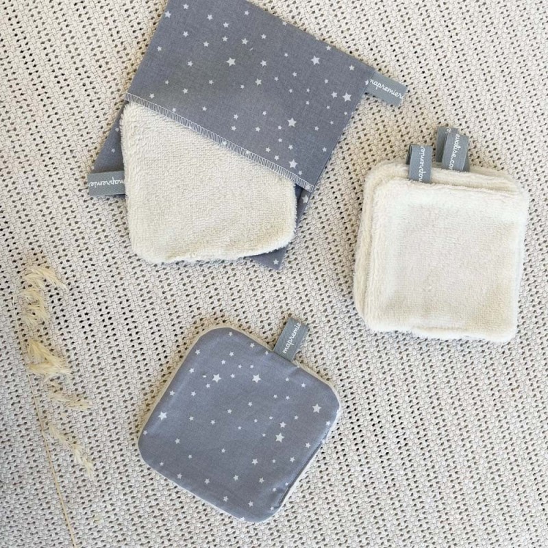 Lingette lavable bio bébé grise étoiles blanches