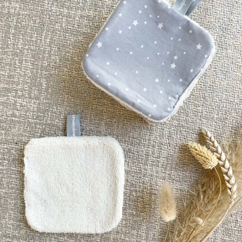 Lingette lavable bio bébé grise étoiles blanches