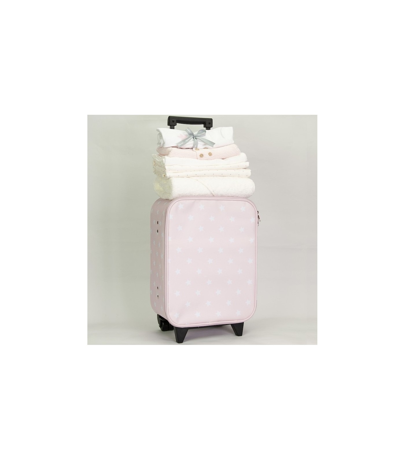 Valise maternité à roulettes rose étoiles blanches